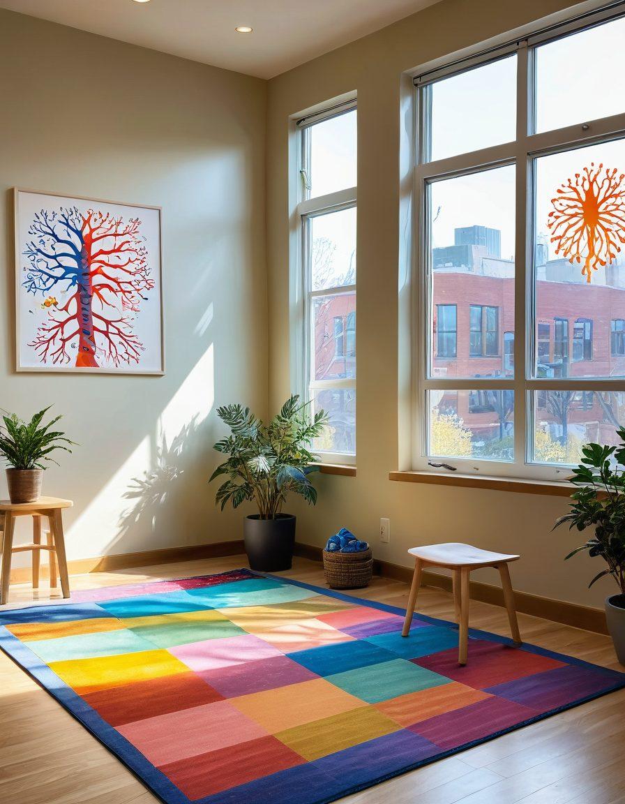 A serene therapy room showcasing a therapist gently engaging with a child using the Bobath approach, featuring colorful therapeutic tools, a soft mat, and natural light filtering through windows. The backdrop highlights anatomical charts of the nervous system, symbolizing neurodevelopment. Vibrant colors evoke warmth and hope. super-realistic. vibrant colors. soft focus.
