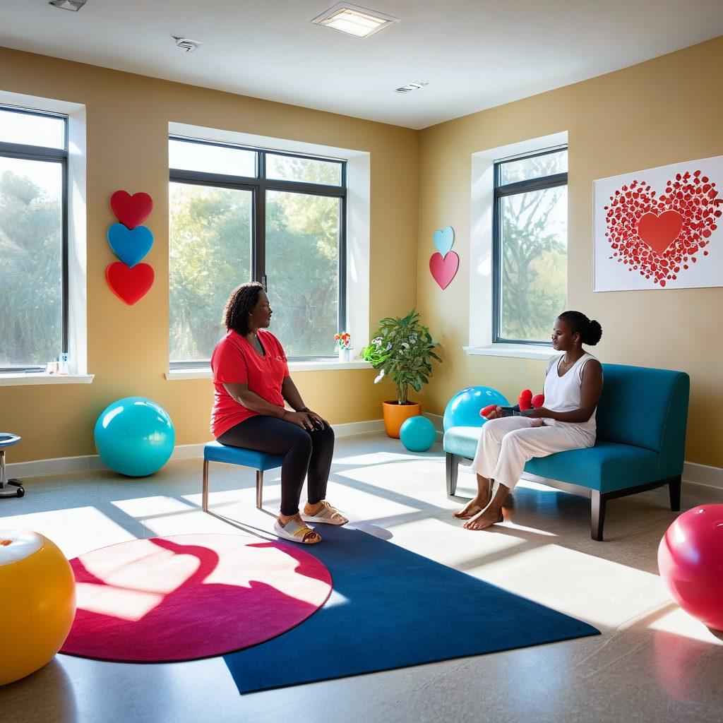 A serene therapy session featuring a patient engaged in neurodevelopmental rehabilitation using the Bobath Approach, with a therapist guiding gently. The setting is a sunlit, spacious therapy room filled with colorful therapy equipment and inviting decor. Include visual elements that symbolize patient-centered care, like a heart symbol or supportive hands. The ambiance should be soothing and encouraging, capturing the essence of transformation and healing. vibrant colors. super-realistic.